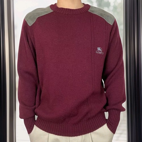 BURBERRY Vintage 80 Pullover 100% reine Schurwolle mit Burgunder Einsätze Wildleder S - Bild 3 von 8