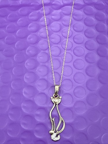๐ 10k Yellow Gold Cat With Diamond Eyes & Tail Pendant 18โ Necklace - Picture 6 of 15