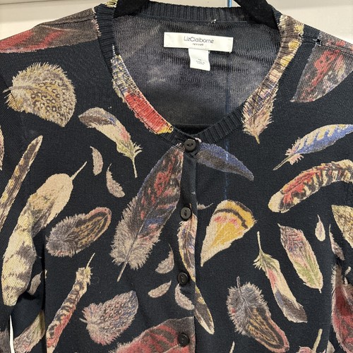 Liz Claiborne Women M Cardigan Sweater Black Feathers Silk Blend L Slv READ FLAW - Picture 2 of 23