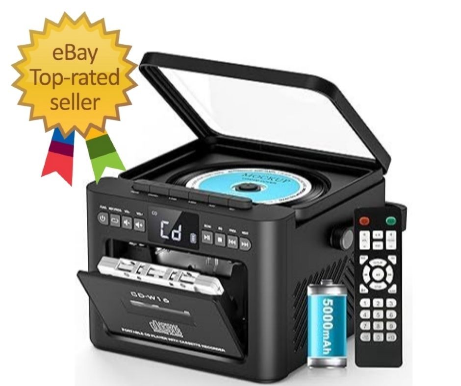 Boombox CD and Cassette Player Combo, 5000mAh Rechargable CD