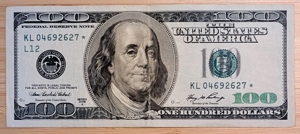 US $100 Dollar Bill Replacement ✯Star✯ Note Series 2006 A. # KL 04692627 ⭐ - Image 2 of 4