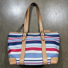 Coach Hamptoms 7743 Striped Canvas & Tan Leather Shoulder Tote Bag Purse