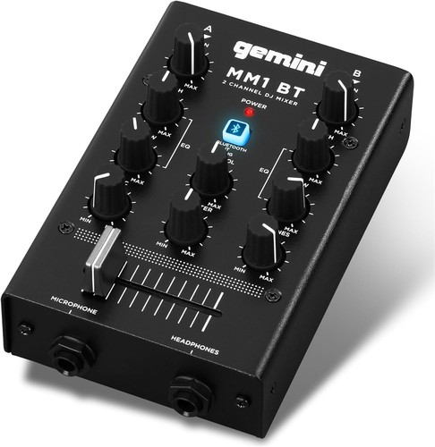 Gemini MM1BT Compact 2-Channel DJ Mixer w/ Bluetooth Input, Mic, Headphone Jacks