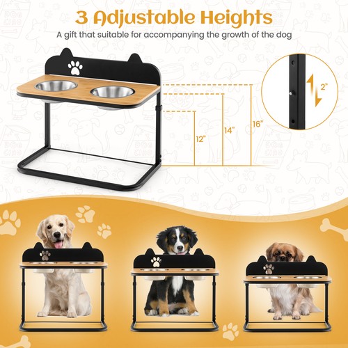 Elevated Dog Bowls 3 Adjustable Heights w/ 2 Stainless Steel Food Water Bowls - Picture 5 of 7