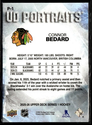 2025-26 Upper Deck UD Portraits Connor Bedard #P-1 - Picture 2 of 2