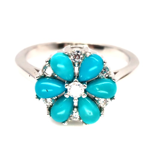 925 Silver 3 x 5 MM. Blue Turquoise & Cubic Zirconia Birthstone Ring Size 5.75 - Picture 2 of 4