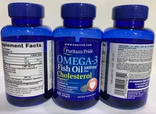3 x Puritan's Pride Omega-3 Fish Oil Plus Cholesterol Support - 60 Softgels