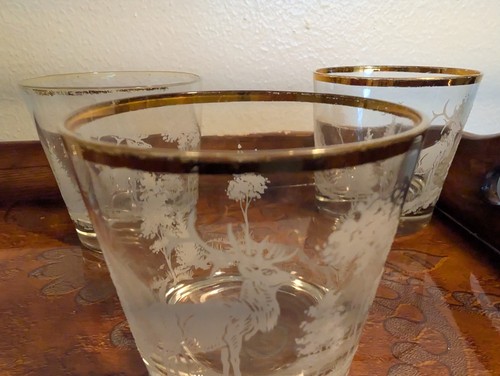 Vintage Libbey Gold Rimmed Etched Elk Whiskey Glass Set Of 4 Cocktail Barware - Picture 21 of 22