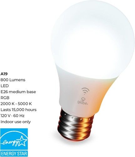 GLOBE Electric 50589 Color-Changing A19 LED Smart Light Bulb, 2.4 GHz White - Picture 10 of 11