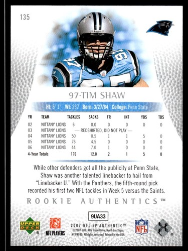 2007 SP Authentic Tim Shaw Rookie 0004/1399 Carolina Panthers #135 R15 - Picture 2 of 2