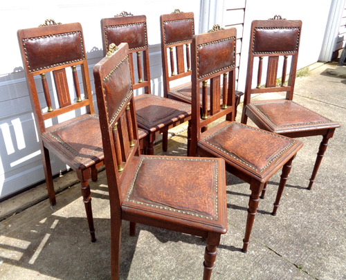 SET OF 6 AUSTRIAN? JUGENDSTIHL? BAHAUS? OAK CHAIRS W/ INLAYS & BRASS TRIM, NICE. - Picture 3 of 12