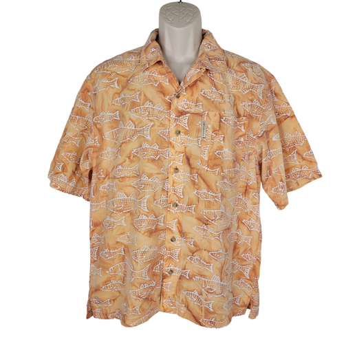 Vintage Columbia Shirt Mens Medium Orange Short Sleeve Button Up Hawaiian Fish - Picture 1 of 12