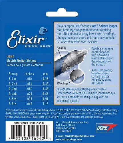 *3 CONJUNTOS DE CUERDAS DE GUITARRA ELÉCTRICA ELIXIR NANOWEB 12052 NIQUELADAS LUZ -10-46* - Imagen 2 de 3