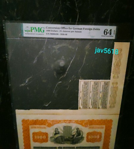 GERMAN BOND FOREIGN DEBT 1936 CONVERSION GERMANY LOAN 3% UNCANCELLED PMG 64 EPQ - Picture 2 of 12