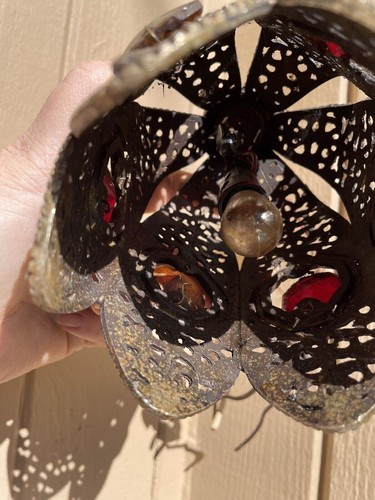Vintage Chandelier Tulip Pendant Lamp Spelter Brass Jeweled Filigree SWAG Gothic - Picture 9 of 11
