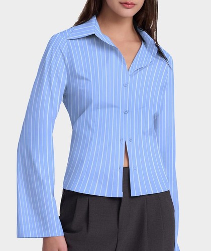 Women Button Down Shirt Blouse Long Sleeve Collared Striped Office Dress Tops - Picture 10 of 36