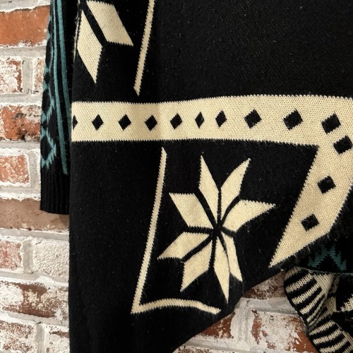 Fantastic Fawn Aztec Wool Cardigan Open Front Duster Sweater Black Turquoise M - Picture 10 of 19