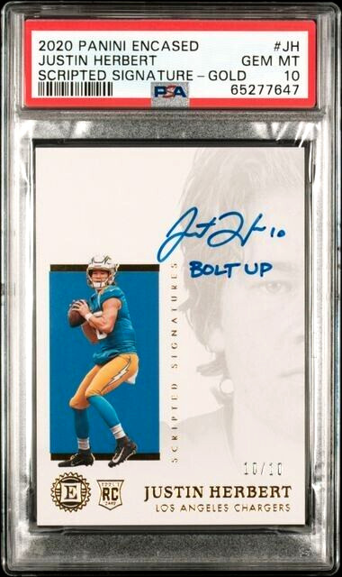 2020 Panini Encased Justin Herbert Gold Rookie Auto 10/10 PSA 10 Gem Mint RC #JH