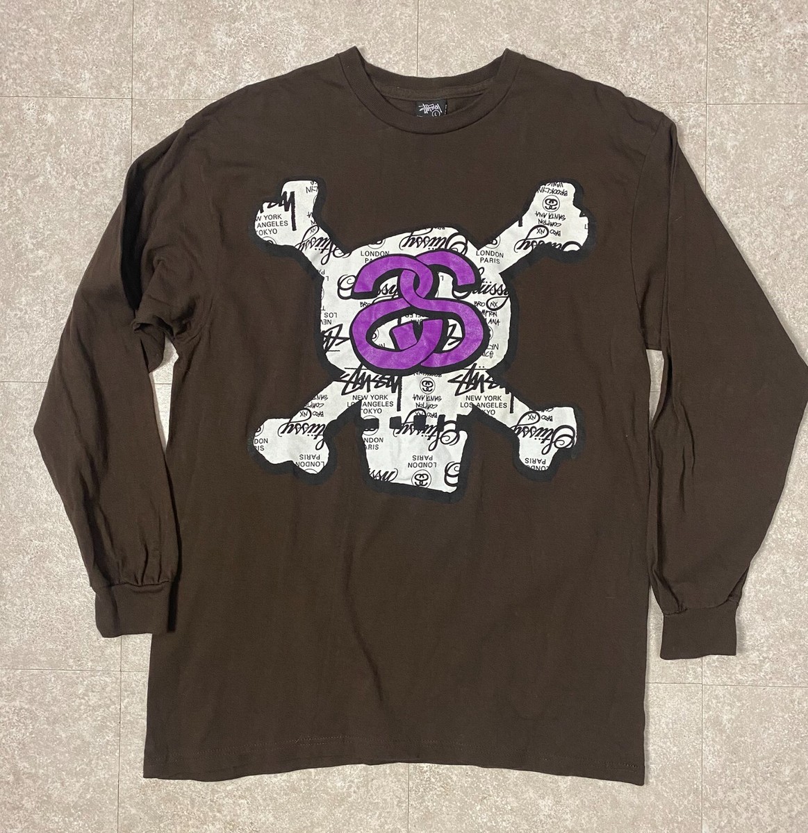 Vintage Stussy International SS Skull cross bones Brown Long 
