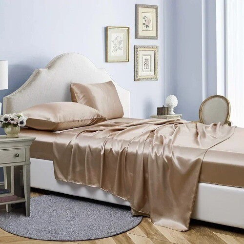 Luxury Satin Fabric Queen Size Bed Sheets Set King Fitted Sheet Flat Sheet - Picture 29 of 36