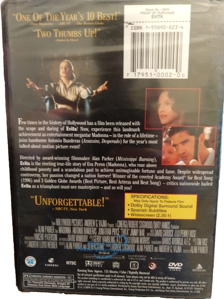 NEW! Evita (DVD, 1998, Widescreen) Alan Parker Madonna Antonio Banderas Foto 2 de 3