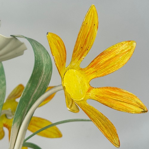 Vintage French 5 Arm Toleware Ceiling Light with Metal Leaves & Yellow Flowers - Picture 6 of 23