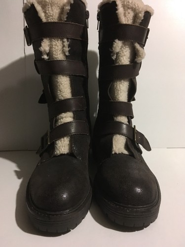 KELSI DAGGER 9US MOTO BOOTS DARK BROWN LEATHER FAUX Shearling ZIPPER - Bild 1 von 7