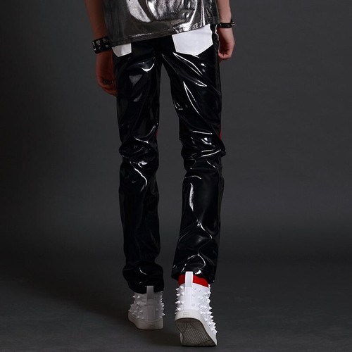 Men'S Color Stitching Nightclub Punk Pants Faux Leather Glossy Biker Trousers - Picture 5 of 17