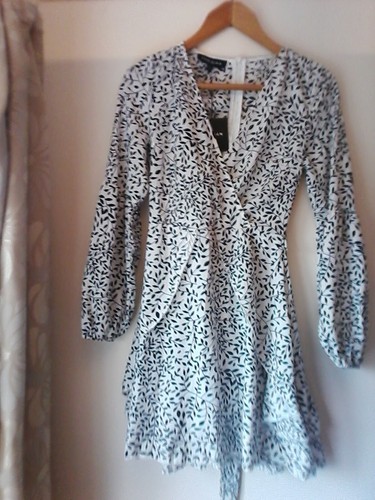 Parisian White Black Leaf branch Evening Midi mini Party Dress 8 zip New look