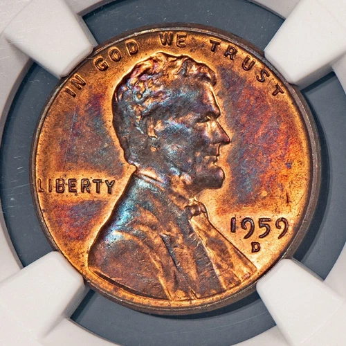 1959-D 1c Lincoln Cent - Neon Rainbow Toning - NGC MS 64 RB - SKU-X4516