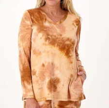 LOGO Lounge by Lori Goldstein 3X Brown Brushed Tie-Dye V-Neck Long Sleeve Top
