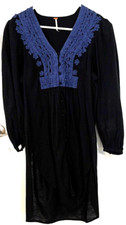 Free People Cotton Gauze Tunic Dress Small LS Elaborate Ribbon Work Black/Blue