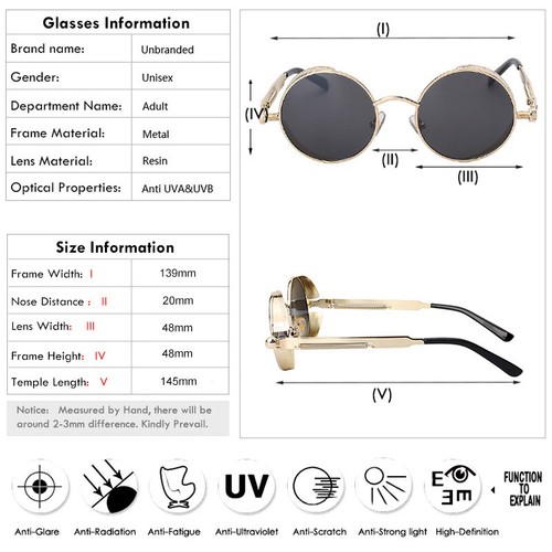 Vintage Steampunk Sunglasses Fashion Round Mirrored Retro Gothic Glasses Eyewear - Picture 6 of 31