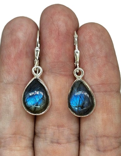 Blue sheen Labradorite Earrings, Sterling Silver, Teardrop Shape, Mystical Magic - Picture 3 of 10