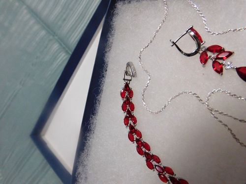 Neu Rote Marquise Zirkon Kristall 925 Sterling Silber Kristalle Dreiteiliges Set - Bild 6 von 7