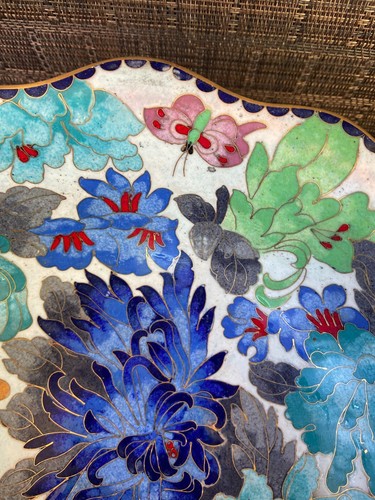 Vintage Painted Brass & Enamel 10" Bowl Flowers and Butterfly Butterflies - Picture 2 of 10