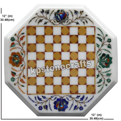12"x12" Jasper Stone Inlaid White Marble Chess Board Table Top | Handmade makran - Picture 4 of 10
