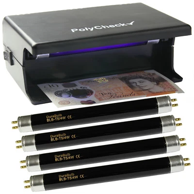 PolyCheck 4W UV Note Checker + 4 Spare Bulbs - Detect Fake Polymer & Paper Notes