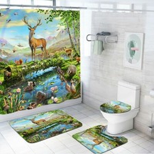 Forest Animal Elk Art Shower Curtain Set Non-Slip Bathroom Mat Toilet Lid Cover