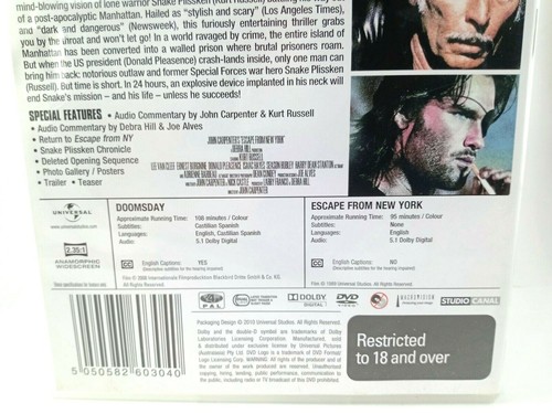 Doomsday / Escape from New York - 2 Movie DVD Set PAL Approx. 203 Min - Picture 4 of 5