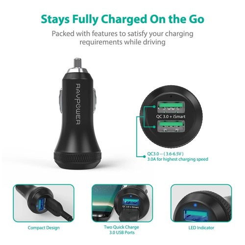 RavPower USB Car Charger 2xUSB Qualcomm Quick Charge 3.0 40W RP-VC007 - Picture 4 of 9