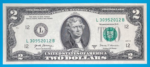 TRAILING YEAR 2012 : L 3095 2012 B $2 Two Dollar Bill Serial Number - Picture 2 of 4
