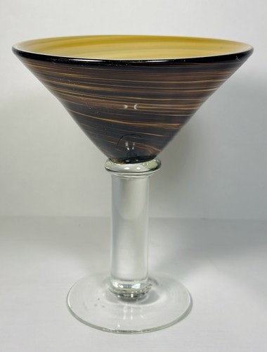 3 vasos de Martini remolino ámbar dorado y marrón soplado a mano tallos de pedestal grueso transparente - Imagen 19 de 24