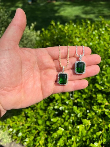 Mens Hip Hop Iced Green Simulated Emerald CZ Pendant Necklace Silver/Gold Plated - Picture 5 of 14