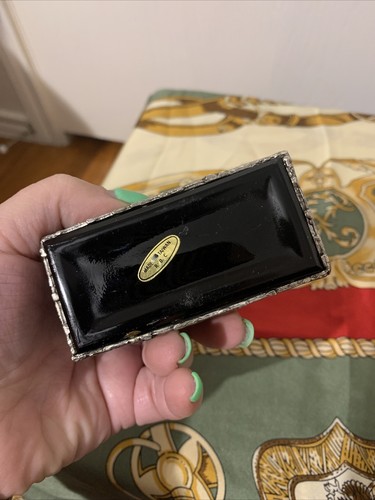 Vintage Perfume Bottle Black Glass, Embossed Flower Motif Metal Design Taiwan - Picture 9 of 9