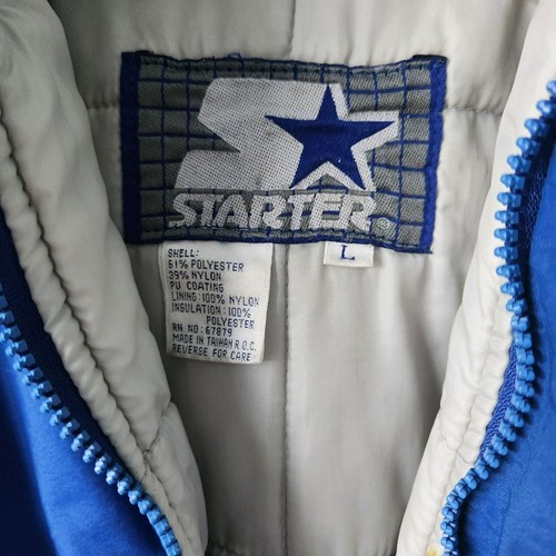 Vintage Starter NFL Detroit Lions Jacket L Blue Hooded 90s Retro Thrashed FLAWS - Picture 10 of 22