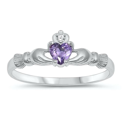 Sterling Silver Claddagh Ring Purple CZ Traditional Irish Knot Band Sizes 1-9 - Foto 1 di 4