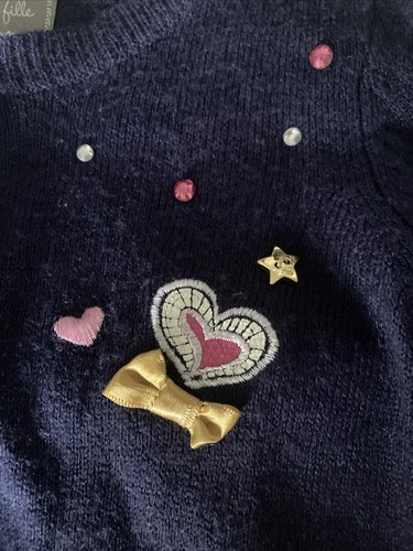 Grande fille par Vero Size 4 Light Sweater Cardigan Blue Sequin Heart Button - Picture 8 of 18