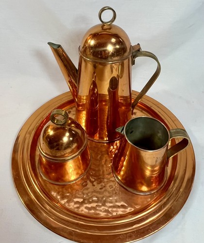 VTG MCM Copper Tea Set Creamer Sugar & Tray 4 Piece Art Deco 1970s Mexico - Picture 4 of 14