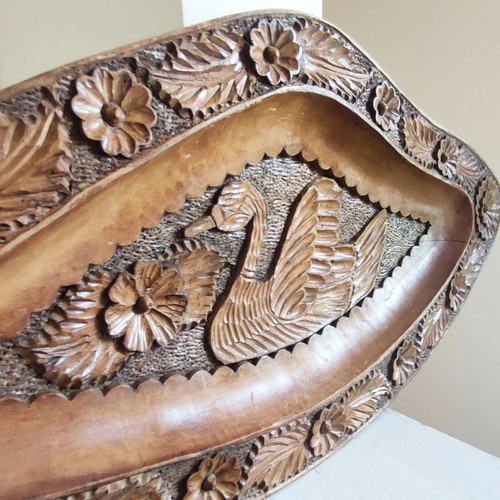 70s Vintage Extra Large Hand Carved Teak Decorative Swan & Flower Centrepiece - Picture 3 of 10